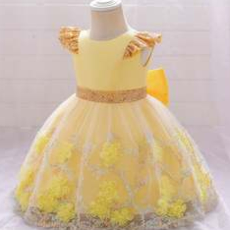 Baige Yellow Flower Girl Dress Kids Party Frock New India Collection Fancy Girl Party Dress L2021XZ