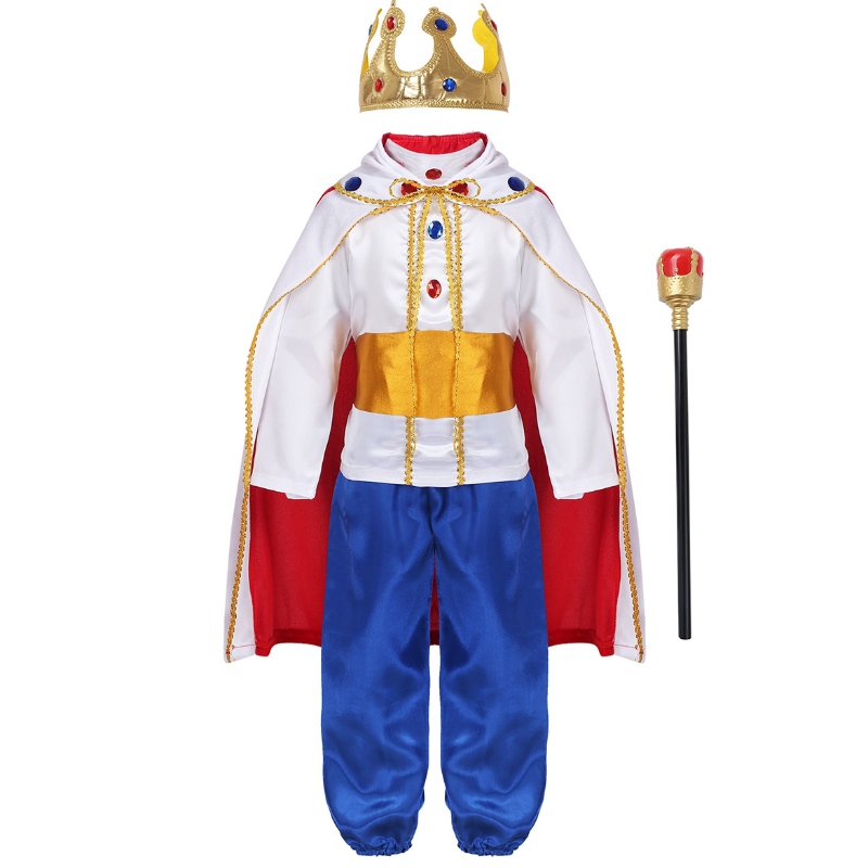 King Prince Costumes For Boys Kids Halloween Cosplay Dress Up Cloak Crown Scepter Set Carnival Roleplay Party -outfit