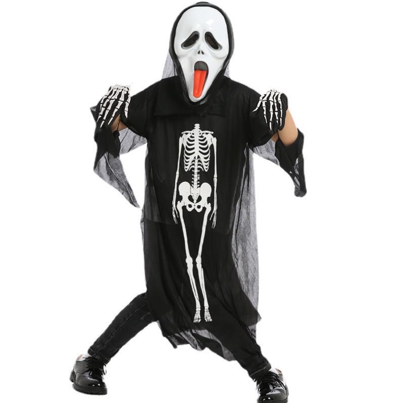 Groothandel Halloween Cosplay Kostuum Zwart skelet Cape Ghost -kostuum met masker voor kinderen