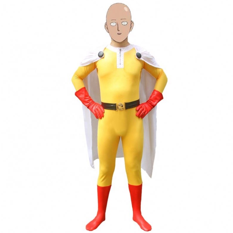 Populaire heetste Halloween -feestkinderen&adults TV Superhero Jumpsuit met Cloak Cosplay Anime One Punch Man Saitama Cartoon kostuum