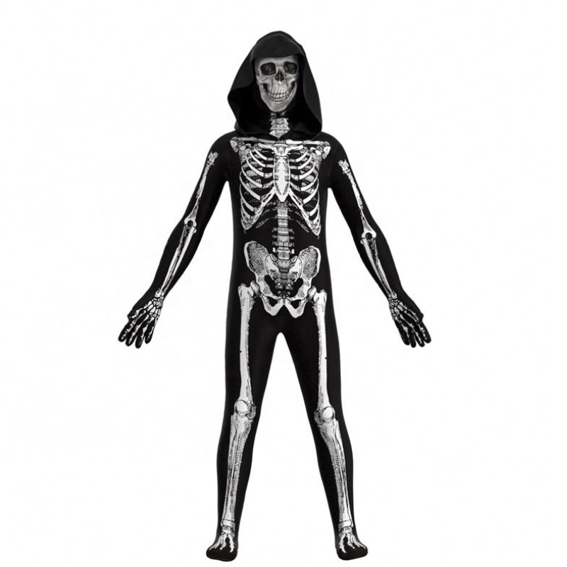 Groothandel levendig eng Halloween Cosplay Props Human Skull Skeleton Hooded Jumpsuit Hoodie Kostuums voor kinderen