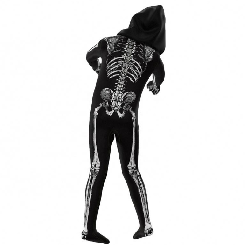 Groothandel levendig eng Halloween Cosplay Props Human Skull Skeleton Hooded Jumpsuit Hoodie Kostuums voor kinderen