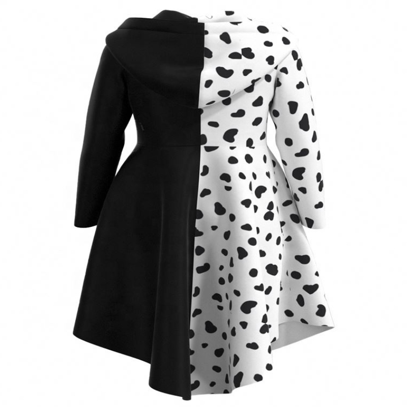 Deluxe verkleed voor tweens vrouwelijke vermomming deville cocktail cosplay feest zwart witte dalmatiërs cruella jurk jas voor Halloween