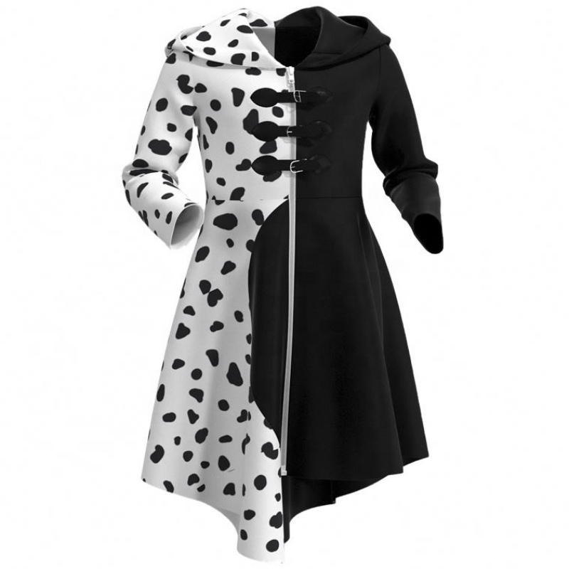 Deluxe verkleed voor tweens vrouwelijke vermomming deville cocktail cosplay feest zwart witte dalmatiërs cruella jurk jas voor Halloween