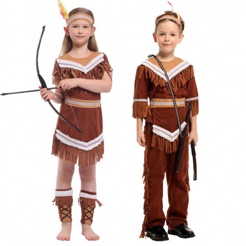 2022 Kids Indian Princess Huntress Children Brown Frited Boy Girls Indian kostuum