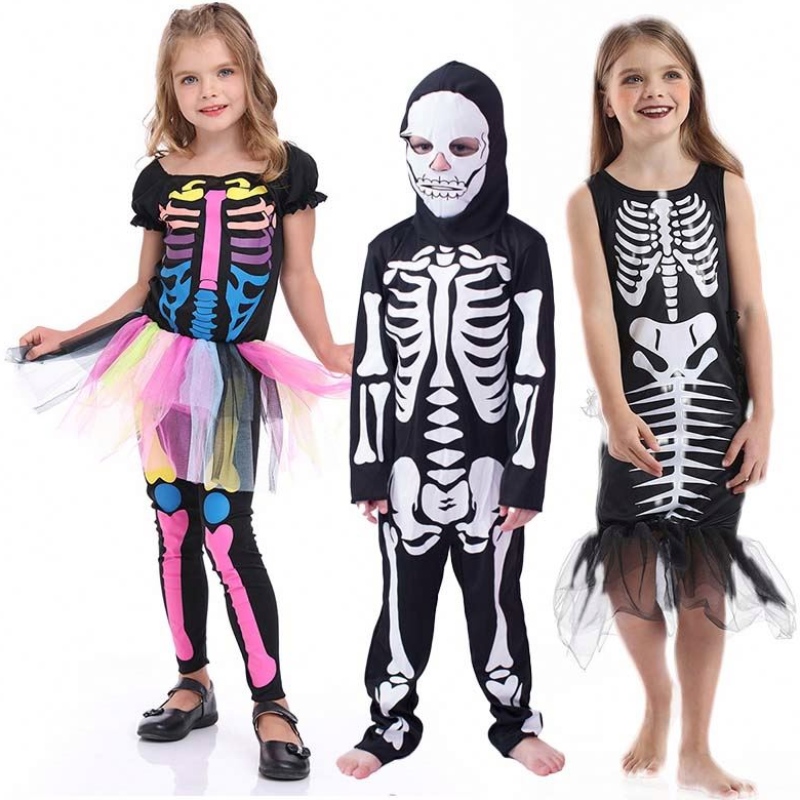 Halloween angstaanjagend verkleed skelet meisje jongen kinderen botten kostuum hcvm-002