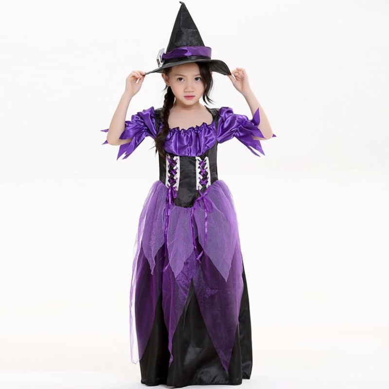 Carnival Party Mardi Gras Fantasia Kind Kids Girl Fairytale Purple Witch Costume Kids With Hat HCVM-015