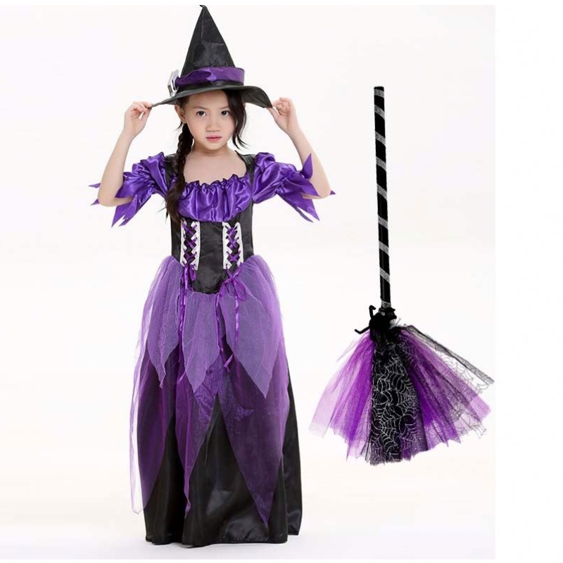 Carnival Party Mardi Gras Fantasia Kind Kids Girl Fairytale Purple Witch Costume Kids With Hat HCVM-015