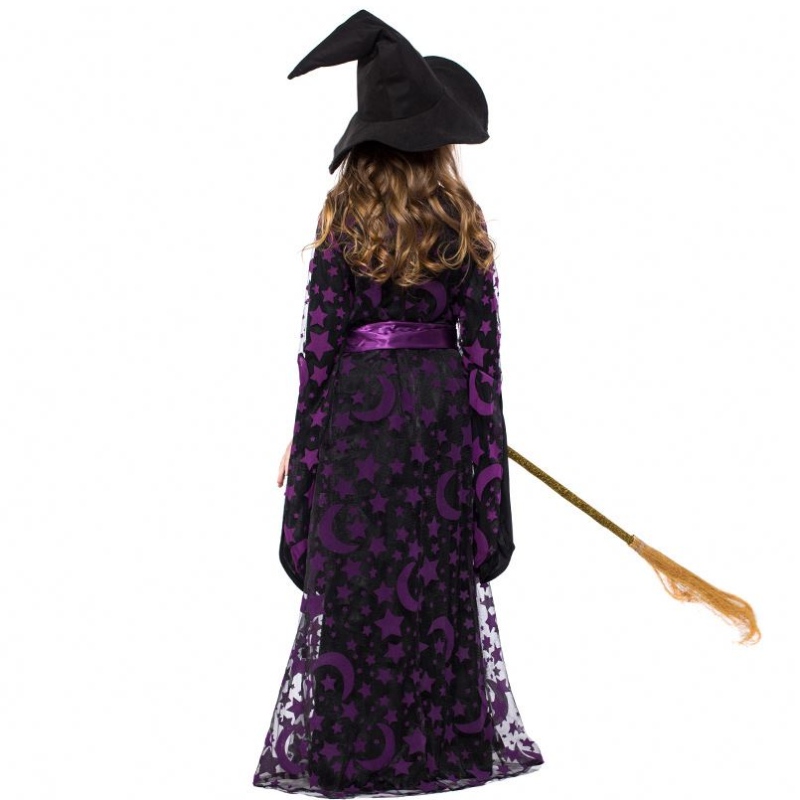 Girls Halloween verkleed Purple Wicked Witch Fancy Dress met hoed bezem HCVM-017