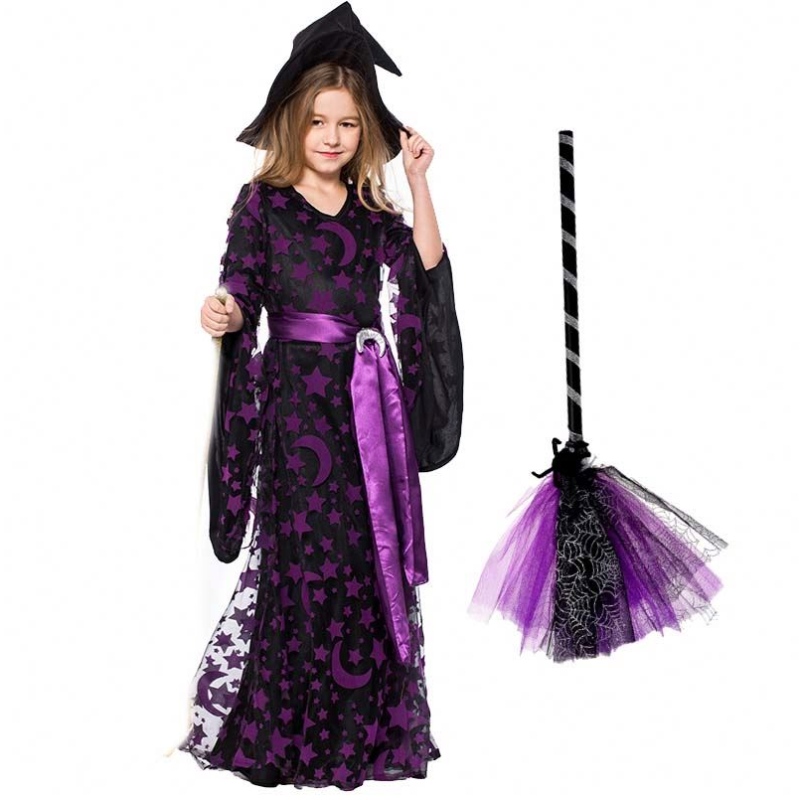 Girls Halloween verkleed Purple Wicked Witch Fancy Dress met hoed bezem HCVM-017