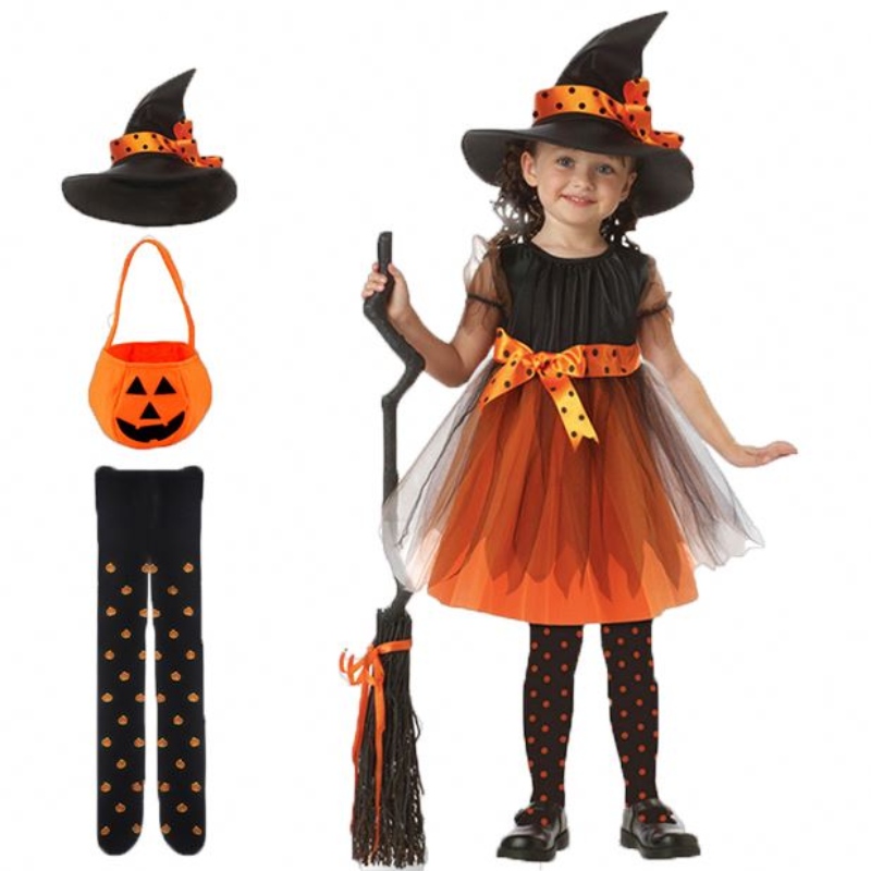 Heksenjurk kleding set hoed pompoen tas panty kinderen meisjes Halloween cosplay heks kostuum tieners babymeisje jurk baby