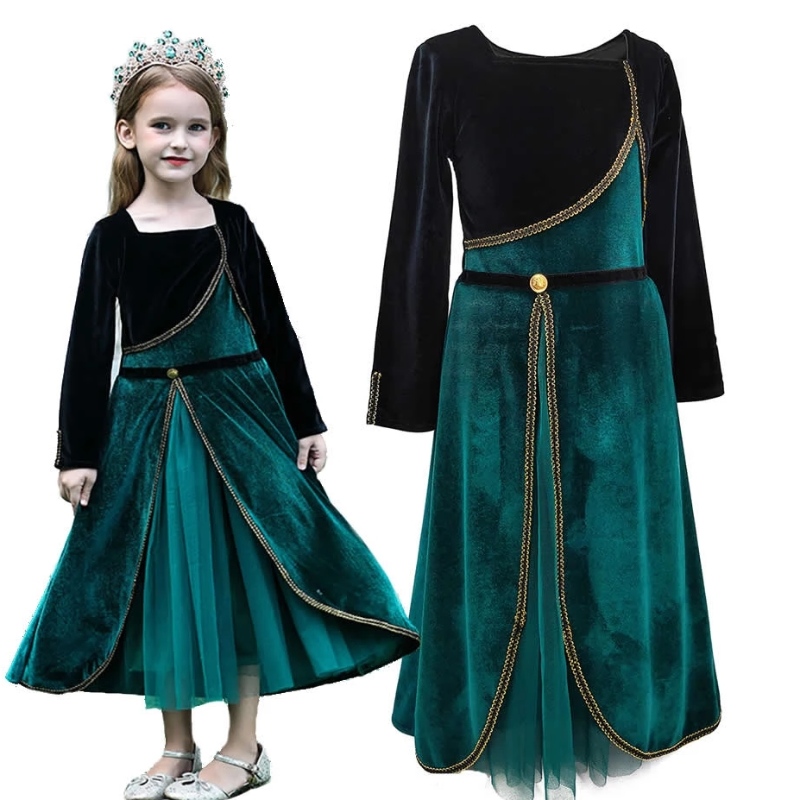 Elegante Anna -jurk voor meisjes lange mouw fluwelen kinderen Halloween feest kostuums prinses fancy cosplay kleding