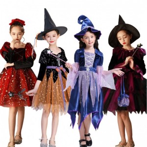 Nieuwe heksenkostuum Cosplay Girls Halloween kostuum voor kinderen Kerstmiskinderen Princess Dress Winterkleding met hoed
