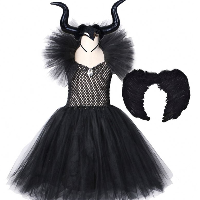 Kids Black Devil Tutu Kostuum Halloween Girls Fancy Tutu -jurk met veren sjaal Royal Dark Queen Maleficent jurkjurk