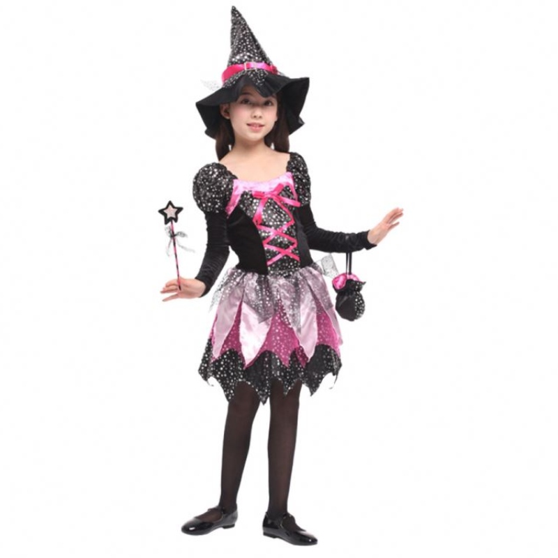 Kid Girls Wand Kleed kleding Halloween Witch -kostuum Sparkly Silver Stars Gedrukte cosplayjurk met puntige hoed