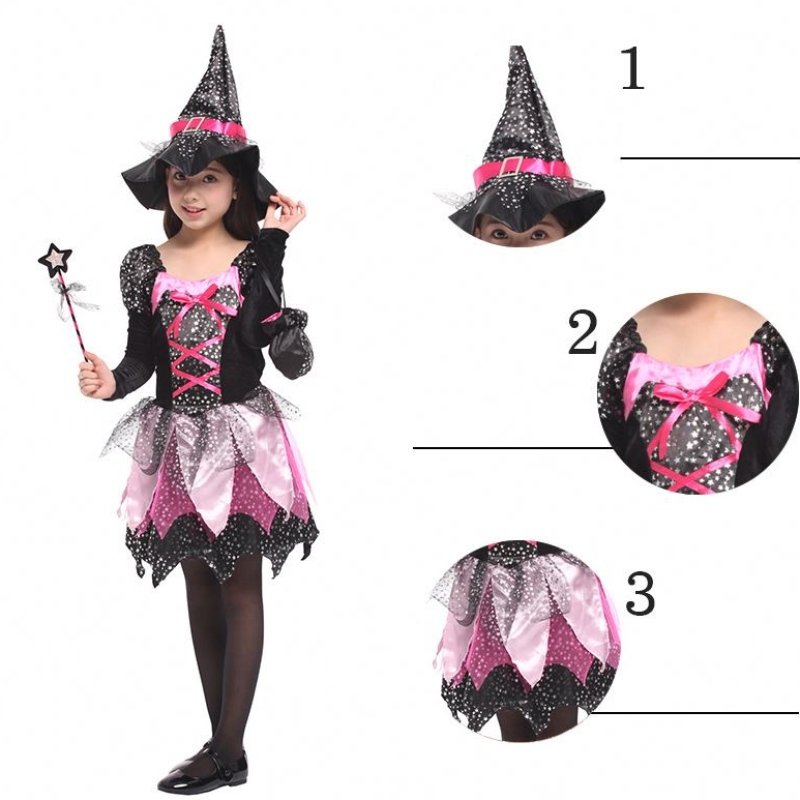 Kid Girls Wand Kleed kleding Halloween Witch -kostuum Sparkly Silver Stars Gedrukte cosplayjurk met puntige hoed