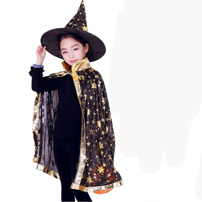 Kinderen Halloween -kostuums Star Wizard Witch Cloak Cape Robe With Pointy Hat Cosplay Props Birthday Party Mardi Gras Accessory