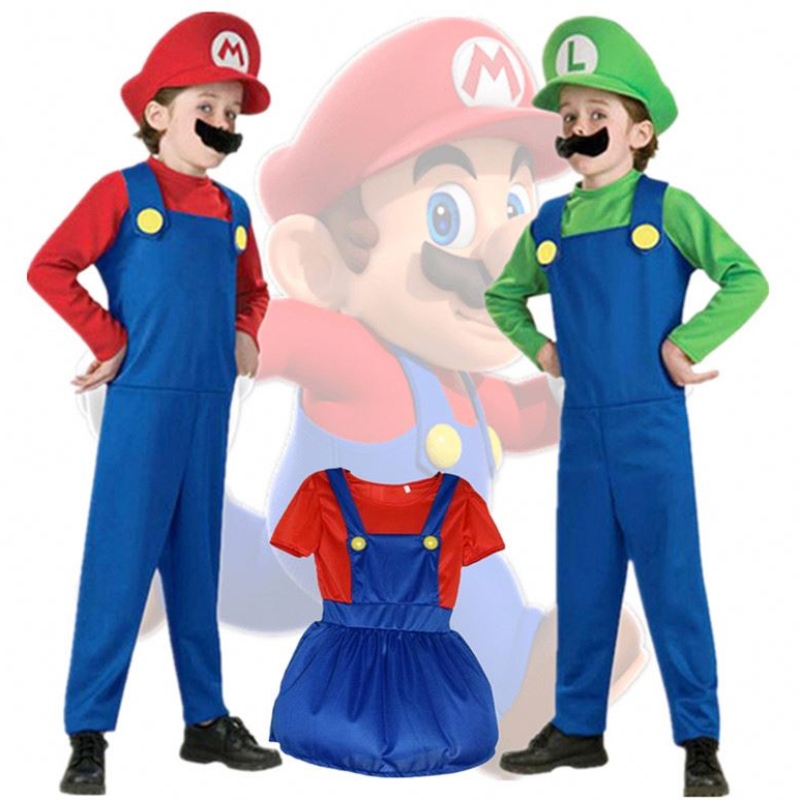 Kind Super Mari Bros Cosplay Jumpsuit Suit Boy Girl Halloween Anime Fantasy Romper Luigi Brothers Dress Hat -kostuum