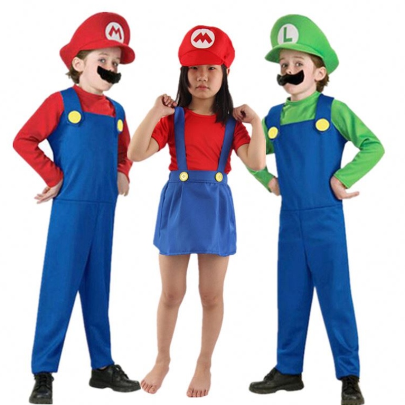 Kind Super Mari Bros Cosplay Jumpsuit Suit Boy Girl Halloween Anime Fantasy Romper Luigi Brothers Dress Hat -kostuum