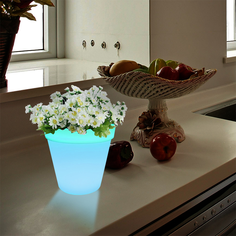 RGB Kleurverandering LED Plant Pot Tafel Lamp Touch Regeling, Modern Simple PE Plastic Flower Pot LED Tafellampen met vaste houten basis voor woonkamer/bedroom/office