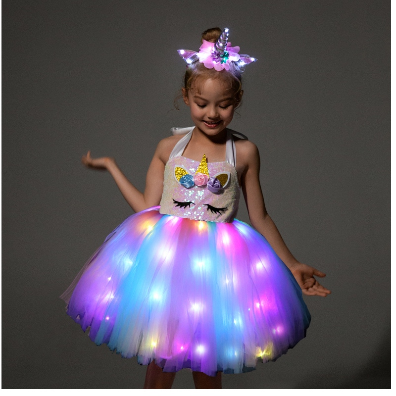 2022 Kids Girls Leuke eenhoornkostuums met LED -verlichte jurk voor Halloween verjaardagsfeestje cadeau mouw jurk kinderen kleding