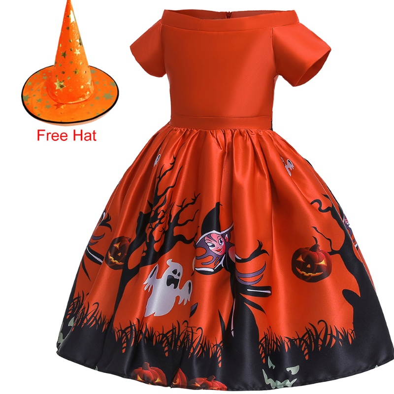 Amazon Halloween Kinderkostuum Cosplay Maskerade Afdrukken Jurk Prestatie Jurk Met Hoed