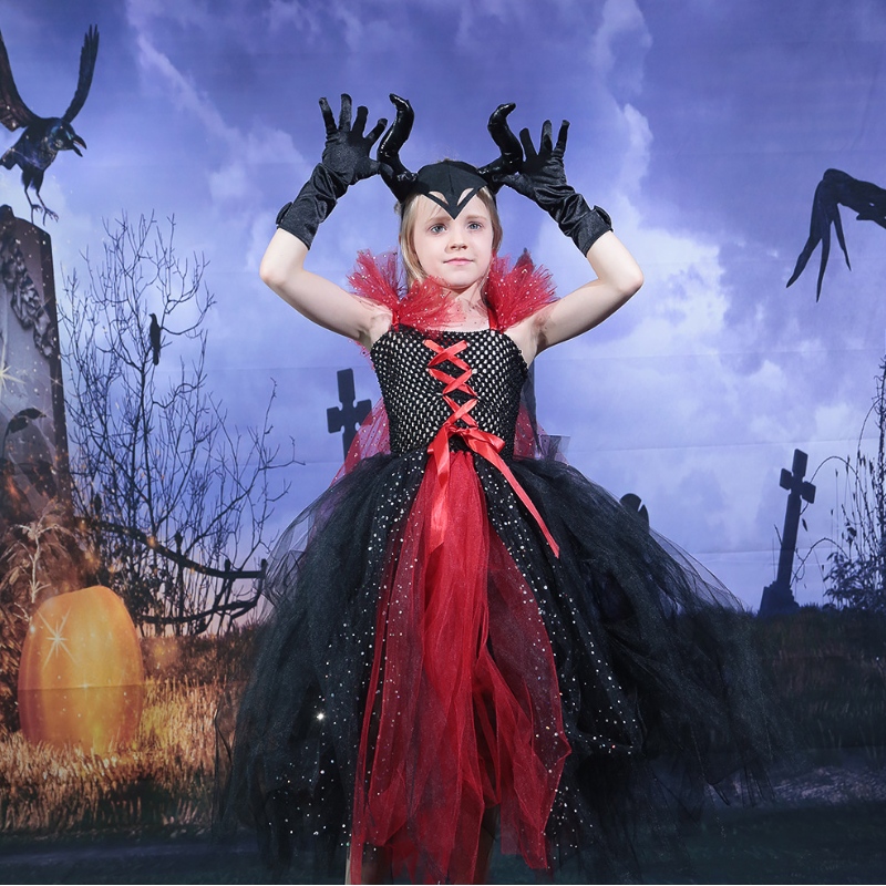 Amazon Hot Selling Kids Girls Deluxe Halloween Vampire Witch Kostuum Fairy Princess Evil Tutu Dress Horns Hoofdband