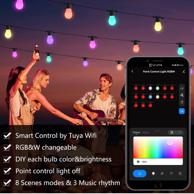 Smart Color String Lights, 48ft Smart Patio Lights RGBW LED -stringlichten, App&WiFi -besturingselement, werkt met Alexa, kleurveranderende stringlichten met dimbare 15 LED -lampen, IP65 waterdicht
