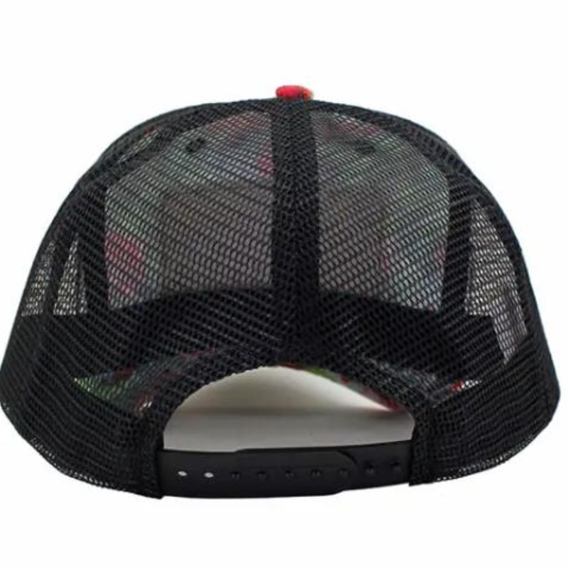 Aangepaste bedrukte stof 5 paneel mesh trucker hoed