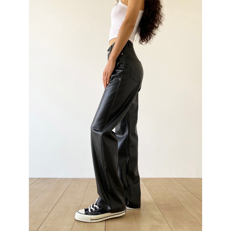 All-match retro pu leer hoge taille losse tas hip slanke rechte leren broek broek wijde pijpen broek