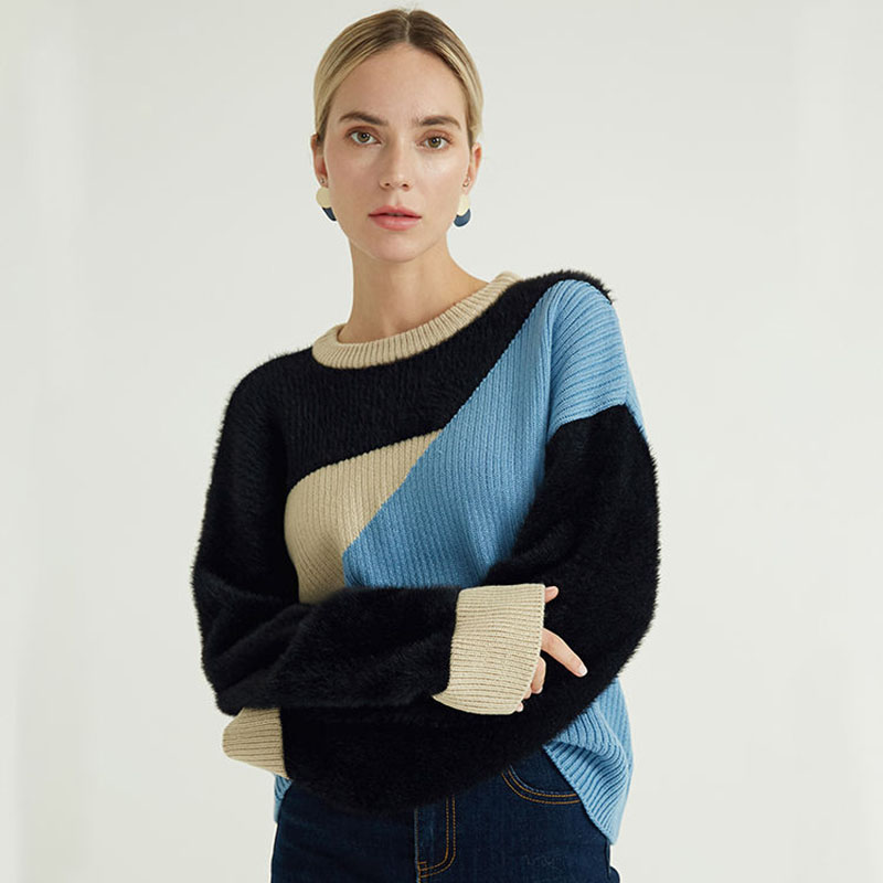 Bekijk grotere afbeelding toevoegen om te vergelijken met de herfst winter aangepaste Italiaanse ontwerper contrast kleur los fit crewnek pure pull -over kasjmier trui voor vrouwen