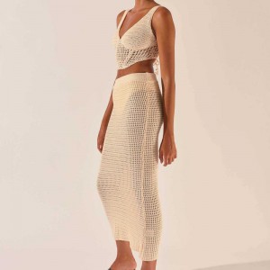 2023 Nieuwe dames \'s Clothing Haak Hollow breien v-neck mouwloos vest Crop top sexy heup rok 2-delige pak jurk trui