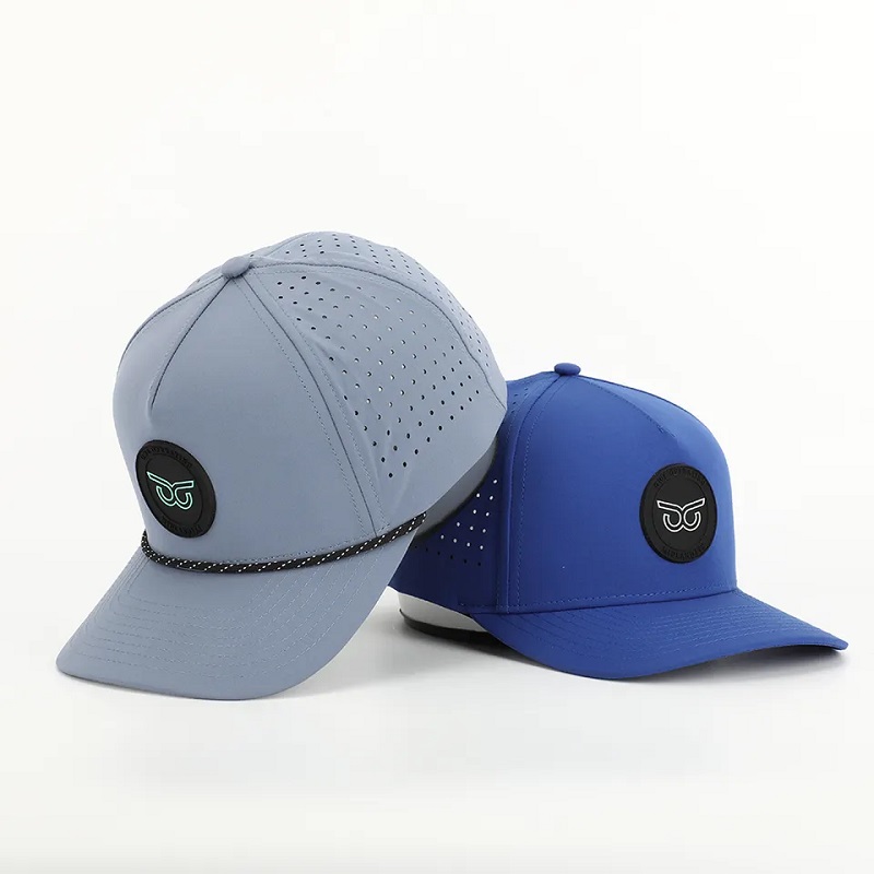 Nieuwe mode Custom PVC Patch Logo 5 Paneel Waterdichte polyester Sport Golf Hat, Laser Cut Perforated Dad Gorras, touwhonkbalpet