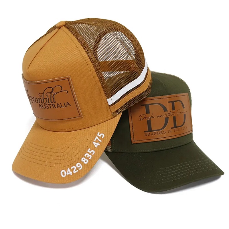 Hot Sale Apply 5 Paneel High Crown Cotton Trucker Caps Custom Lederen Patch met 2 Side Stripe Trucker Hats
