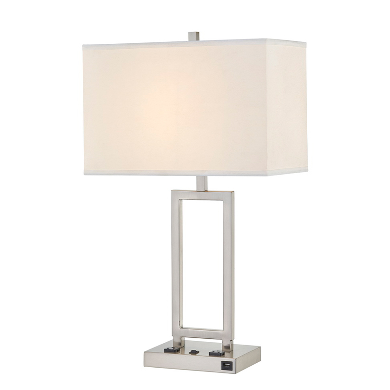 Gatsby Desk Lamp met geborsteldenikkelafwerking, twee stopcontacten, een op/off rocker -schakelaar en een USB -poort