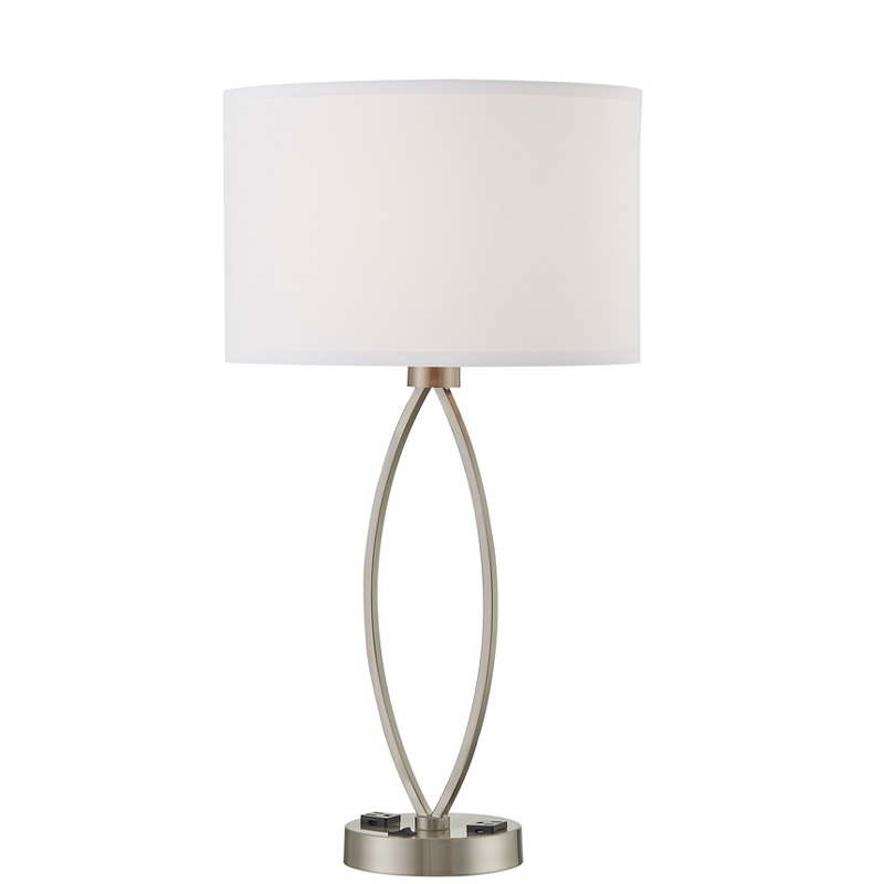 Slaap een lichte tafellamp met geborsteldenikkelafwerking, een op/off rocker -schakelaar en twee stopcontacten in de kamer