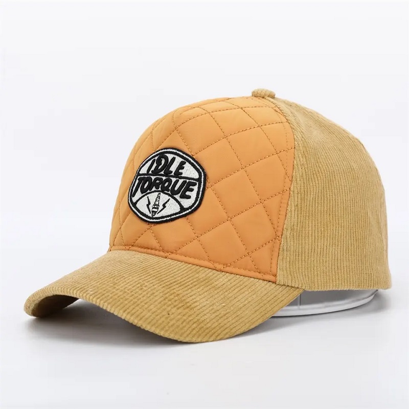 OEM Aangepaste hoogwaardige 5 Paneel schuim voor corduroy honkbalpet, 3D borduurwerk logo gebogen rand lederen band papa hoed
