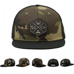 Groothandel aangepaste hiphop camo snapback mesh geborduurde patch logo aangepast 6 paneel platte rand trucker pet en hoed