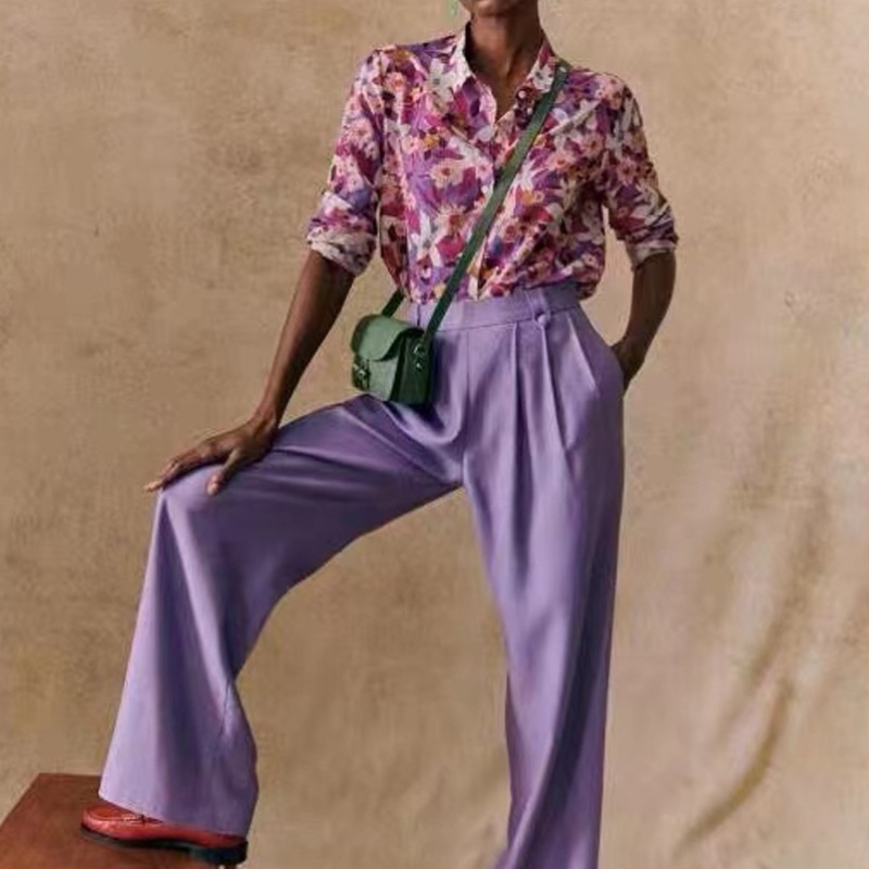 Nieuw Frans elegant modern bedrukt patroon stromende zijde en katoenmix met lange mouwen dunne shirt