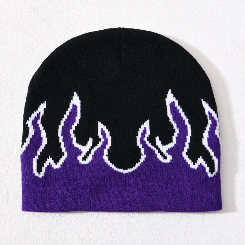 Groothandel Skull Ski Acryl Gebreide hoed Hip Hop Cuffed All Over Print Design Custom Logo Unisex Winter Jacquard Flame Beanie