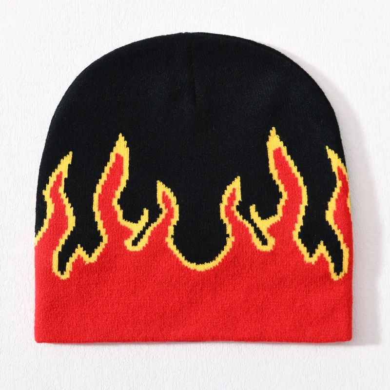 Groothandel Skull Ski Acryl Gebreide hoed Hip Hop Cuffed All Over Print Design Custom Logo Unisex Winter Jacquard Flame Beanie