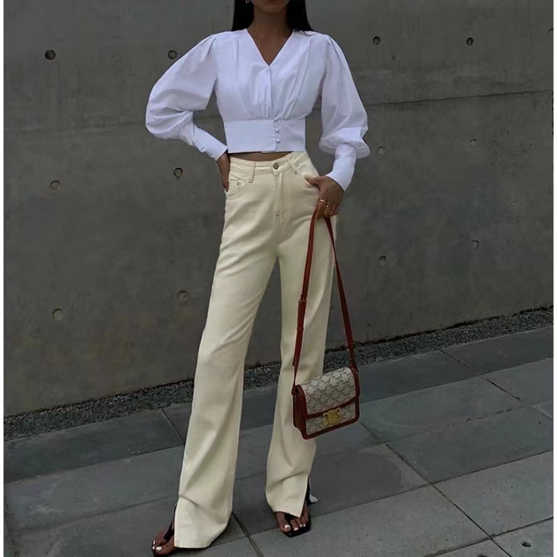 Witte v-hals met lange mouwen shirt vrouwelijk ontwerp sensenichenieuwe dunne lantaarn mouw top