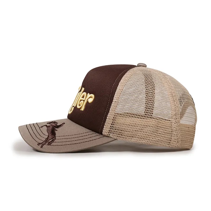 Goede kwaliteit aangepaste 3D geborduurd logo 5 paneel gorras schuim gaas trucker cap hoed voor mannen
