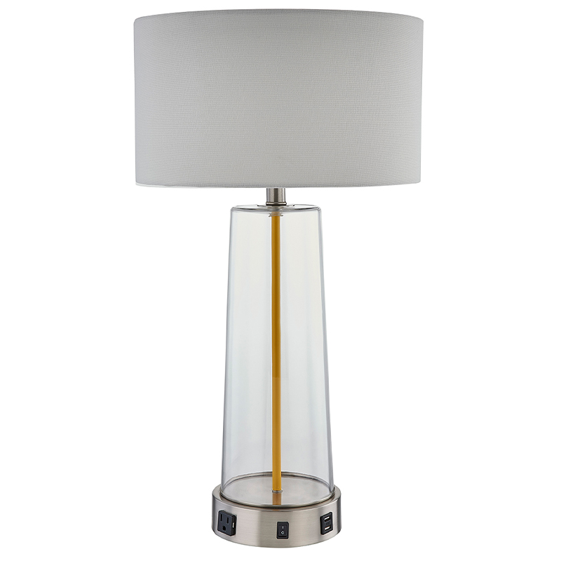 Home2 Hotel Glass Table Lamp met een op/off rocker -schakelaar, een handige uitlaat en een USB -oplaadhaven in hotelkamer
