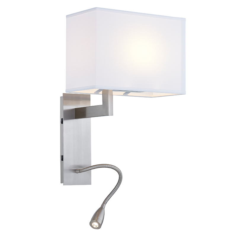 Gastvrijheid hotel muur sconce met geborsteldenikkelafwerking en rechthoekige stoffen schaduw in hotel typische kamers