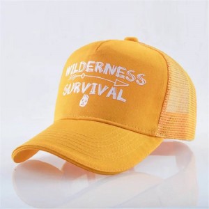 Aangepaste print geel katoenen suède borduurwerk gestructureerd 6 paneel mesh caps honkbal cap trucker hoed