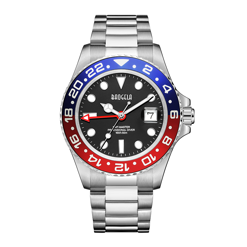 Baogela Nieuw blauw rood water Ghost Watch Men \\ 's Watch 50 meter waterdichte roestvrijstalen staalriem Zwitserse beweging Relogio masculino 22807