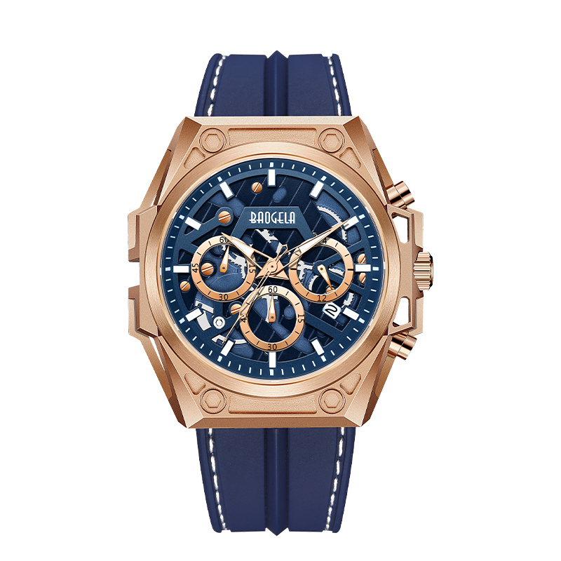 Baogela Luxe roestvrijstalen horloges Heren Men Luxury Brand Sport Leather Riem polshorloge waterdichte chronograaf Quartz Watch 22605