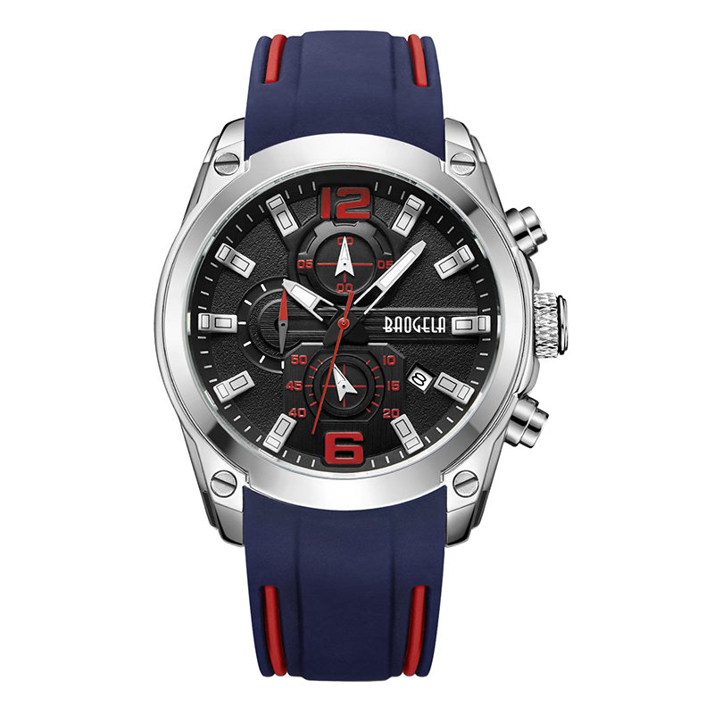 Baogela chronograaf analoge kwarts horloge met datum lumineuze handen waterdichte siliconen rubberen band polsswatch voor manblauw 22609