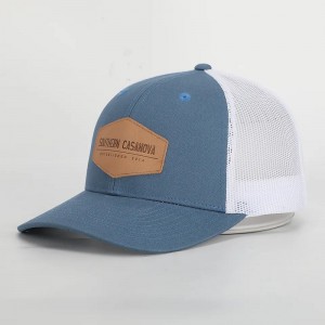 Aangepaste hoogwaardige 6 paneel Richardson 112 Cap Style Cotton Structured Mesh Trucker Hat met lederen patch
